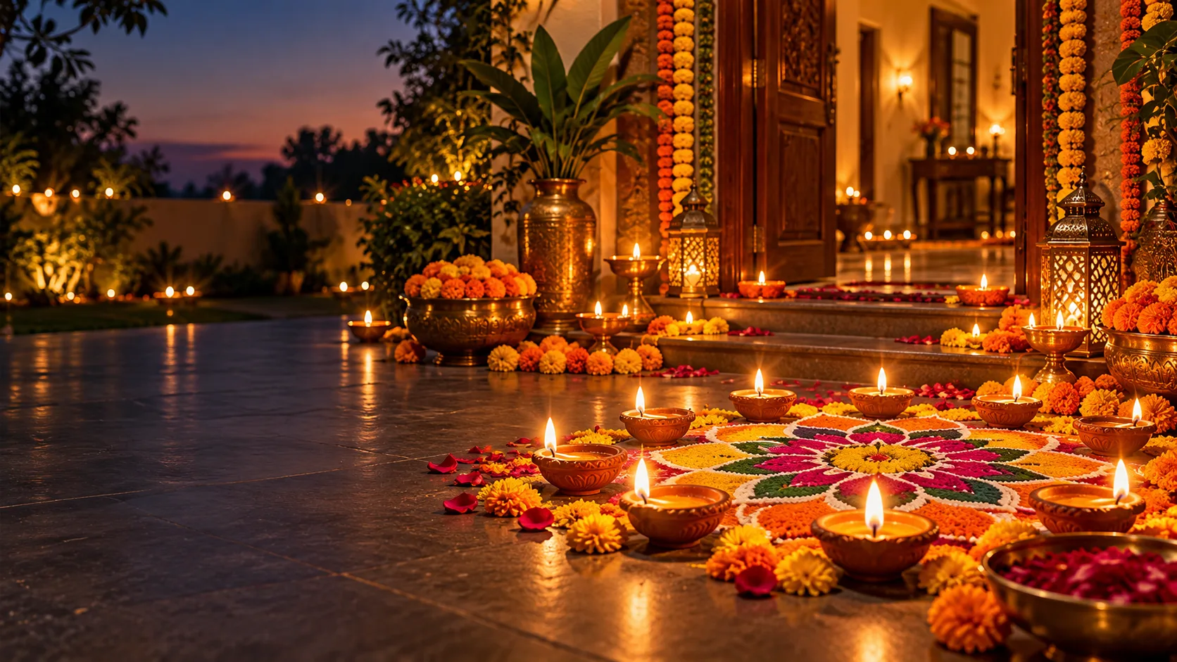 Diwali diyas, flowers and rangoli at a decorated home entrance