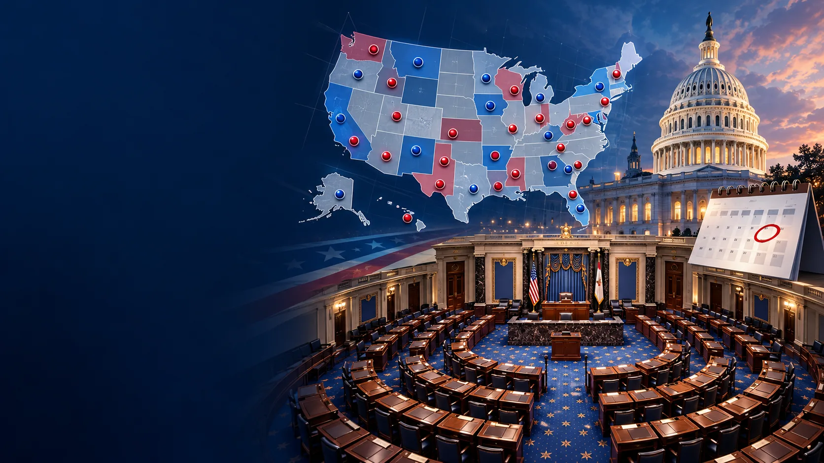 Editorial illustration of the US Senate chamber, Capitol dome and 2026 Senate election map