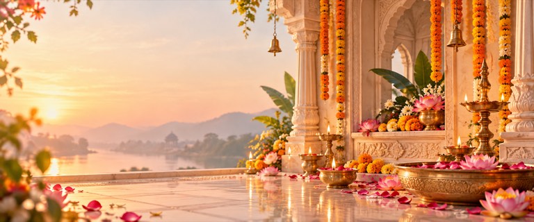 Brass diyas and marigold flowers in a temple alcove